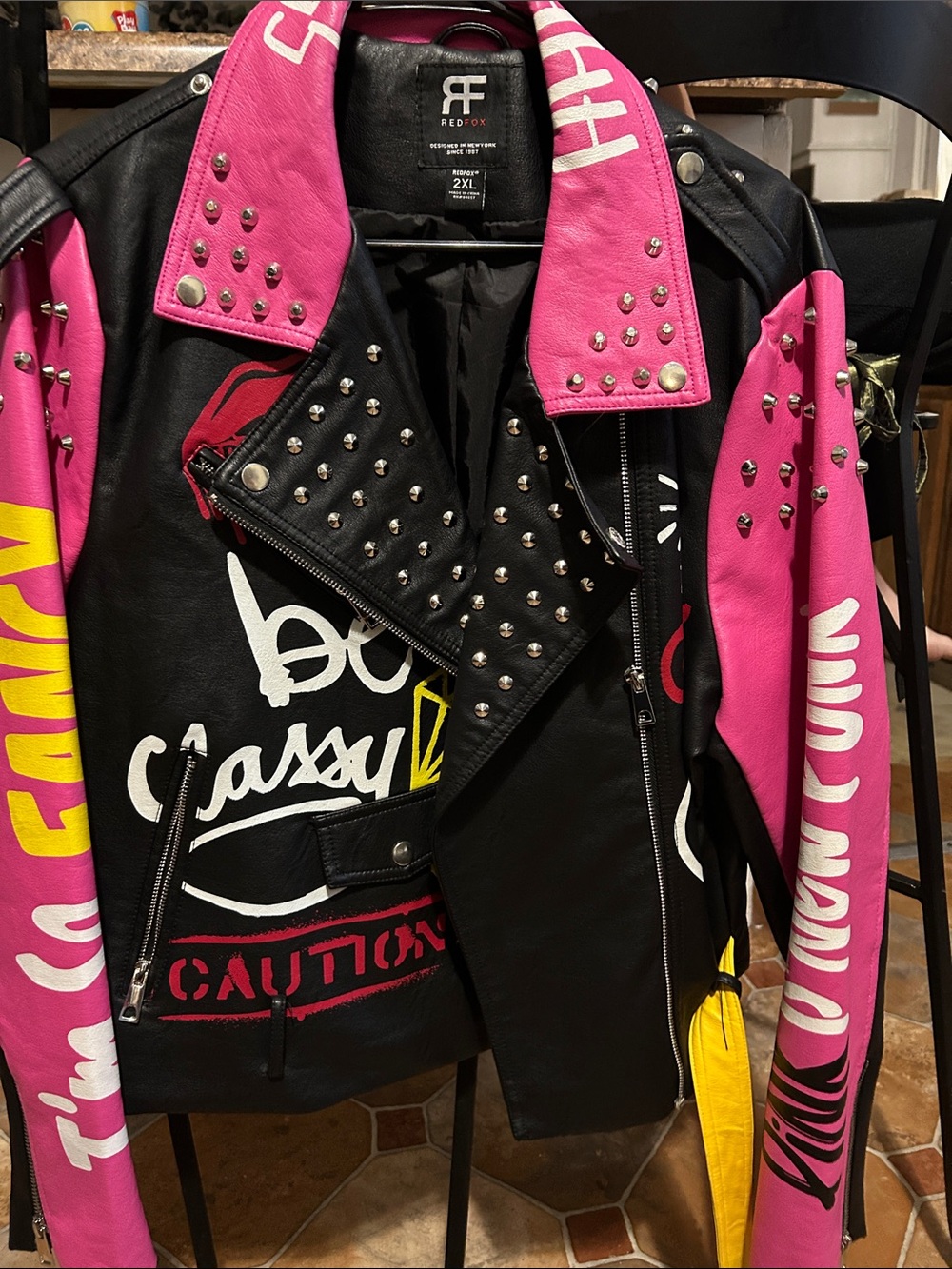 RED FOX Women's Pink & Black Studded Leather Jacket